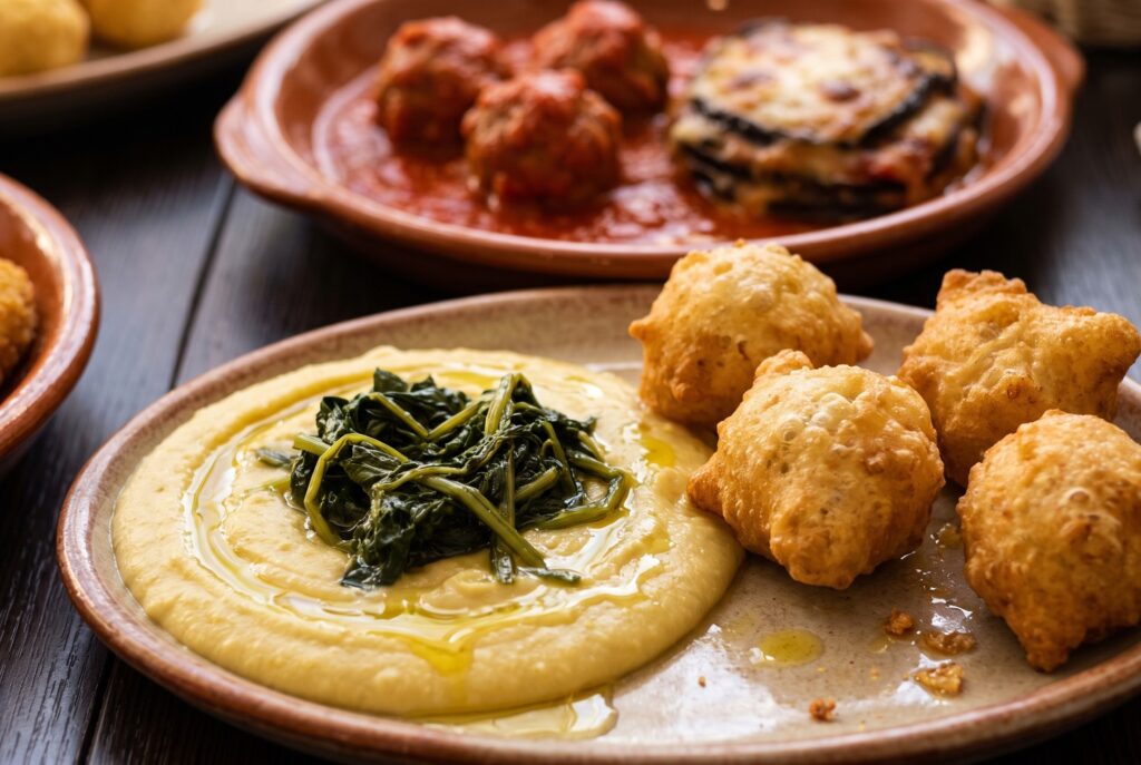 Antipasto salentino: purè di fave e cicorie, pittule, polpette, parmigiana