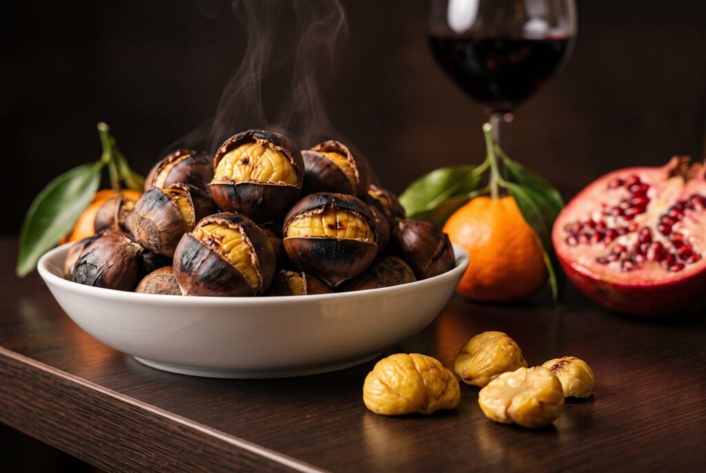 Castagne arrostite e frutta di stagione