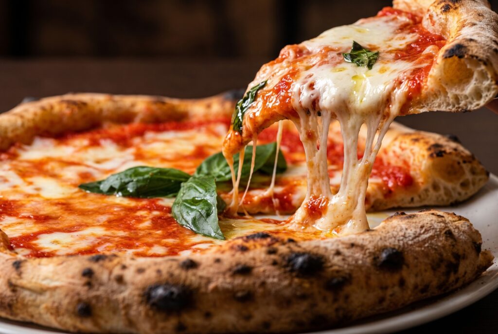 Pizza margherita con mozzarella filante