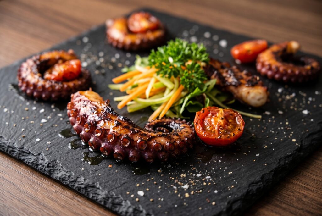 Polpo al barbecue con sedano, carote e misticanza