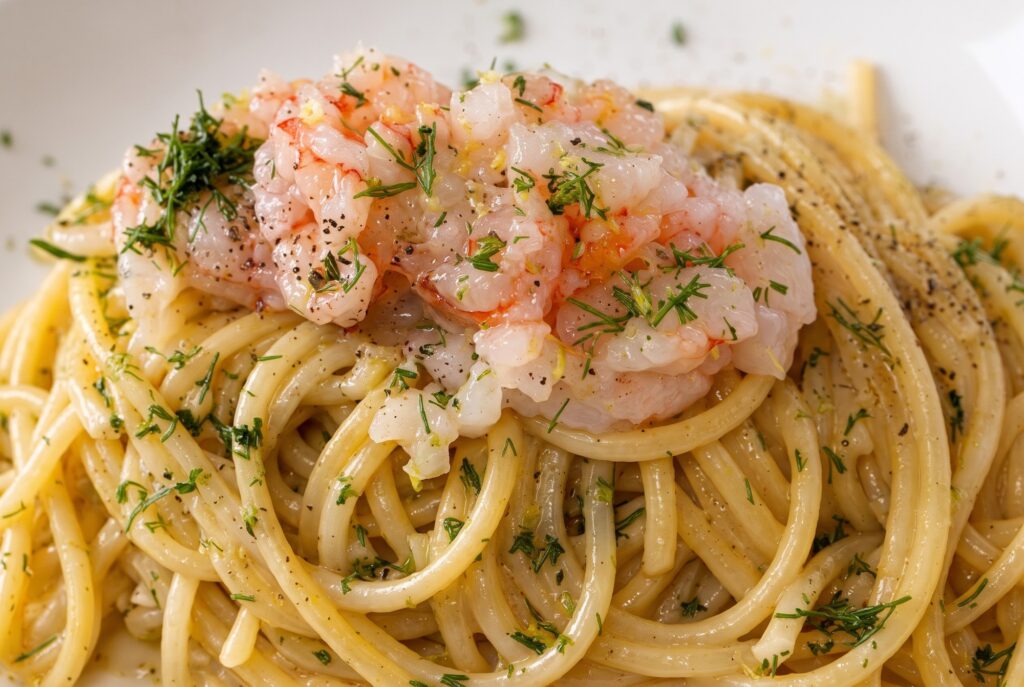 Tonnarelli cacio e pepe con gamberi